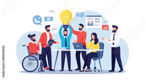 Diverse team of creative professionals collaborating around a conference table with a giant glowing light bulb symbolizing a big business idea.