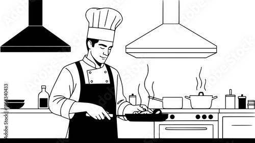 Chef man cooking food in pan restaurant kitchen vector icon
