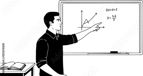Male teacher pointing at whiteboard classroom education vector icon
