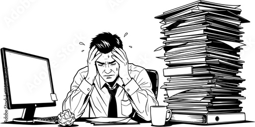 Stressed office worker man with headache and pile of papers burnout vector illustration
