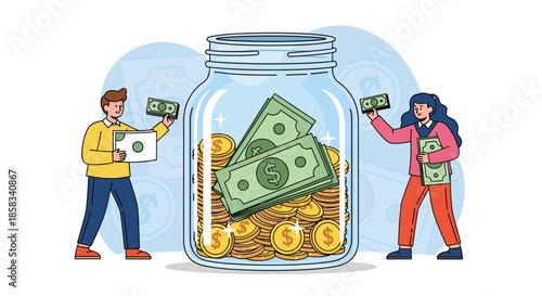 Young couple saving money by placing dollar bills and gold coins into a large glass jar for future financial goals and investments.