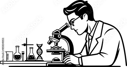 Geneticist man researching DNA in laboratory with microscope vector icon
