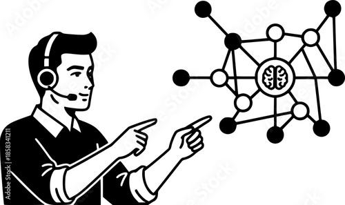 Cybersecurity analyst man protecting network data with shield icons vector icon
