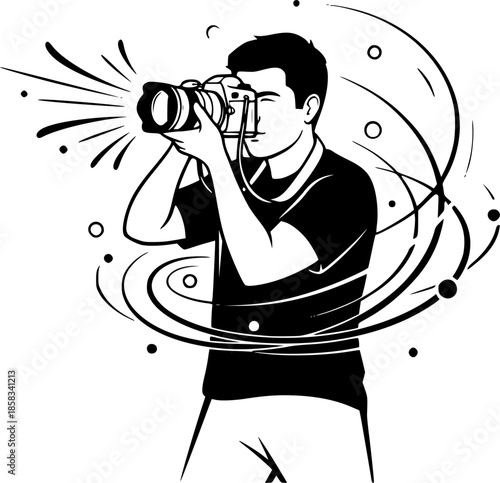 Photographer man taking picture with camera creative hobby vector icon
