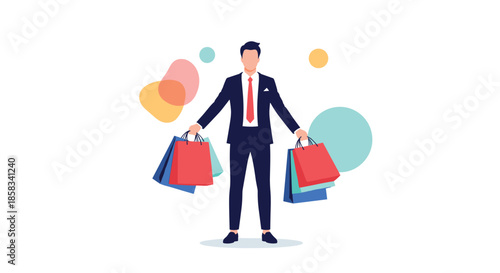 Successful businessman in a formal suit holding several colorful shopping bags representing luxury retail consumption and retail therapy.