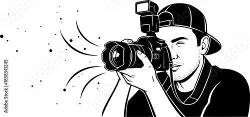 Photographer man taking picture with camera creative hobby vector icon
