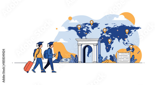 Graduating students carrying luggage while walking past a world map with destination markers symbolizing international education and study abroad.