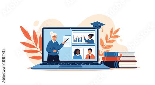 Online education concept featuring a laptop screen with a virtual classroom where a teacher presents data to students during a remote lesson.