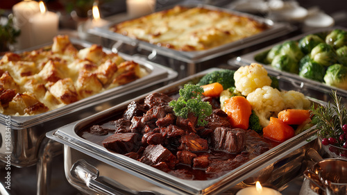 冬の拡張メニューとして赤ワイン煮と三種グラタンを同構図で配置し、温かな室内光で撮影