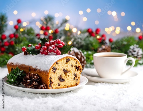 A dusted, cross-section cake with fruit sits on a plate next to a coffee cup, surrounded by holiday foliage and lights