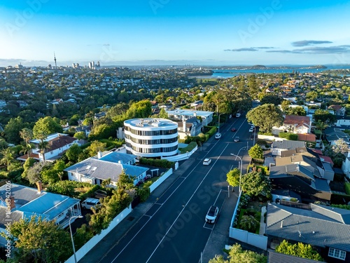 Aerial view of Remuera, Auckland, New Zealand, showcasing residential neighborhoods and the city skyline. Cars travel along a road lined with trees and houses, highlighting urban life.