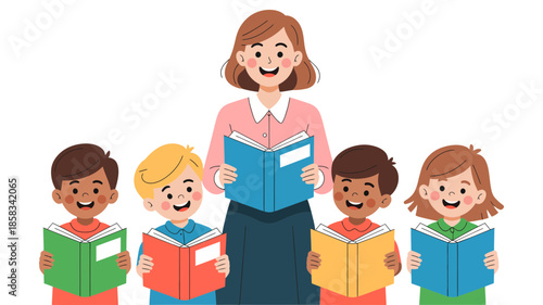 A caring teacher engaging young students in an interactive reading session at school