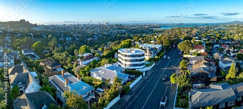 Aerial view of Remuera, Auckland, New Zealand, showcasing residential homes and a modern apartment building. The city skyline is visible in the distance, highlighting urban development.