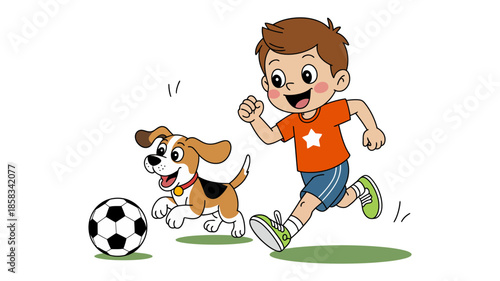 A joyful boy and his playful dog enjoying a fun game of soccer on a bright day