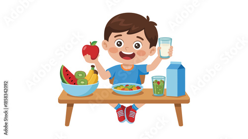 Happy young boy enthusiastically enjoying a healthy meal with fresh fruits and milk