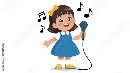 Happy little girl with a microphone singing cheerfully surrounded by musical notes