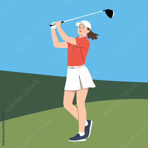 A woman golfer swinging a golf club with precision on a verdant course under a clear blue sky