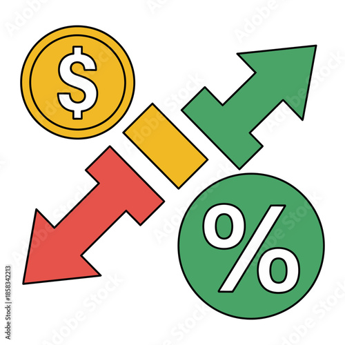 Financial concept illustrating the relationship between money, value, and percentage rates with opposing trends