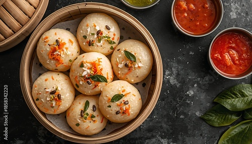 Steamed Vegetable Dumplings in Bamboo Basket with Spicy Dipping Sauces