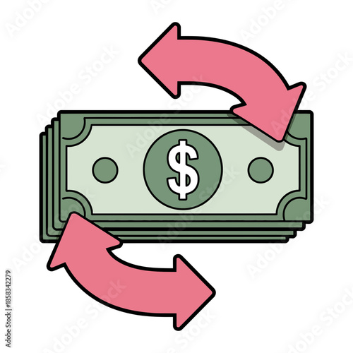 Money circulation icon with dollar bills and arrows indicating financial exchange or transaction