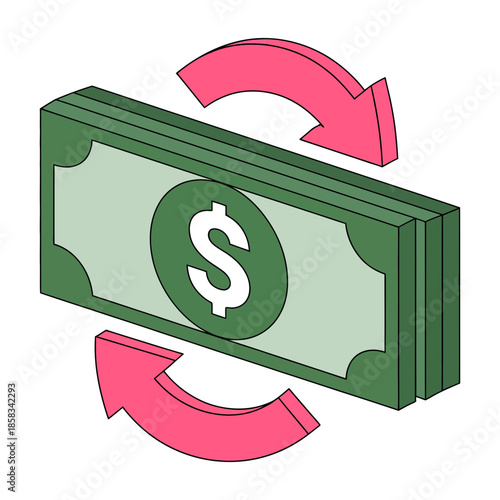 Financial transaction cycle featuring dollar bills and rotating arrows illustrating exchange or transfer