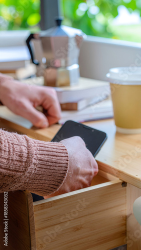 A person placing their smartphone inside a wooden box or drawer