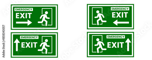 Exit Sign. Fire Exit Sign. A clear green emergency exit sign featuring a white running person icon, the word 'EXIT', and a right-pointing arrow, indicating a safe egress route.