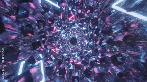 Vibrant abstract tunnel with pink and blue neon lights converging to a central point in a dark space with a sense of dynamic movement.