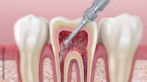 Illustration showcases a cross-section of a tooth undergoing dental treatment, with the root canal visible, highlighting internal structures