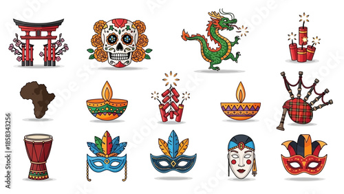Collection of cultural symbols and icons from around the world.