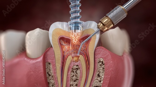 A detailed cross-section of a tooth undergoing dental work, showing internal structure, tools, and the procedure
