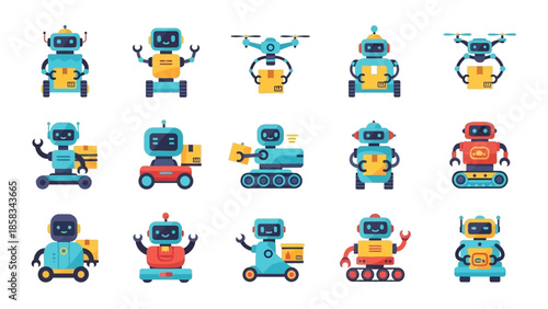 Collection of cute cartoon robots with various functions and designs.