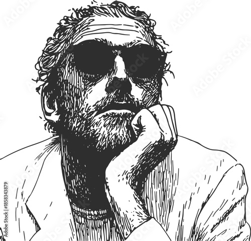 Thoughtful man with sunglasses and beard in minimalistic line art style. Simple black and white vector illustration showcasing a pensive expression.