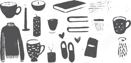 Cups and candles with a cozy sweater and book. Simple vintage vector illustration set for a soothing atmosphere.