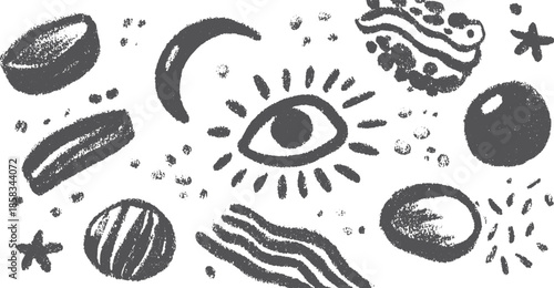 Surreal illustration featuring an eye among cosmic elements. The black and white vector set includes abstract shapes, circles, and stars.