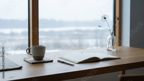 Minimalist workspace with coffee mug notebook pen and dandelion flower on wooden desk by window overlooking snowy winter landscape