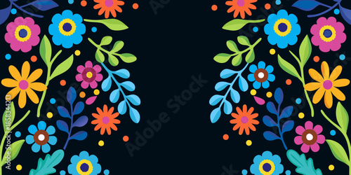 Colorful floral arrangement with vibrant blossoms and lush green leaves on black