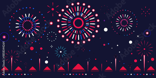 Colorful fireworks display with red white and blue bursts against a dark background