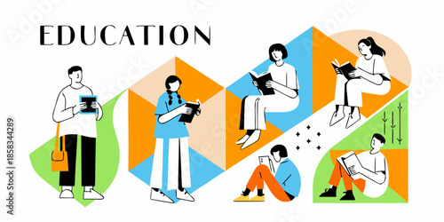 Students engaging in learning and reading depicted in a colorful abstract illustration