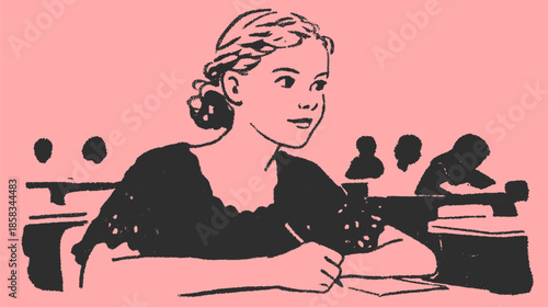 Student girl in a classroom setting. Vintage vector illustration with colorful details and a simple design in a flat style.