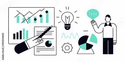 Business innovation brainstorming and strategic planning with data analysis concepts
