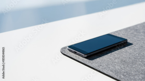 Modern smartphone on gray felt pad on white table by window