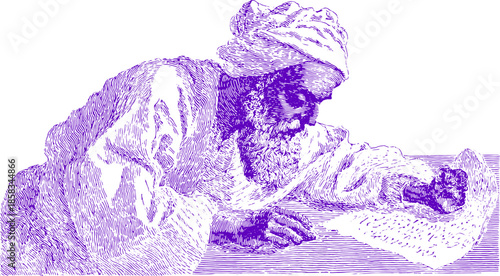 Man with a beard writing on a scroll. This purple vector illustration features a historical character in traditional clothing, showcasing cultural details.