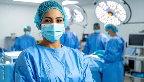 A focused healthcare professional, wearing a surgical mask and cap, smiles. Colleagues are blurred in the background, preparing in an operating room setting
