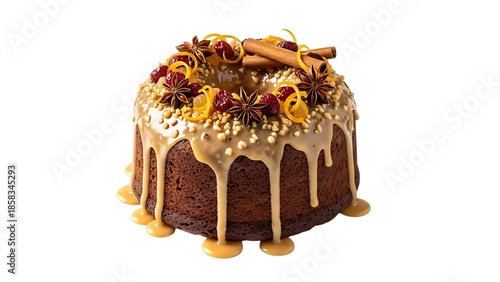 Rich bundt cake with caramel glaze and festive spice decorations icing nuts