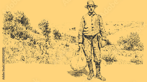 Vintage man illustration in a detailed rural landscape, carrying a bag. A black and white vector illustration depicting nature and outdoor travel.