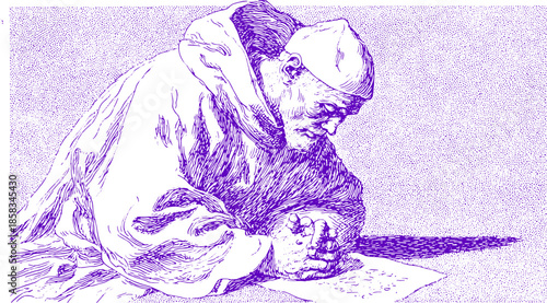 Monks engaged in writing. Detailed vintage purple illustration emphasizing hand gestures in a historic context. Vector art.