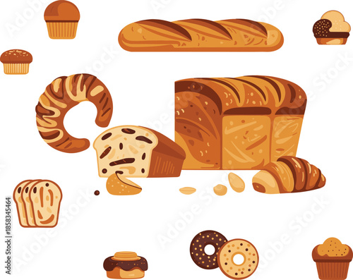 Large collection of bakery bread icons including croissants muffins baguette sliced toast and sweet chocolate pastries isolated on white background