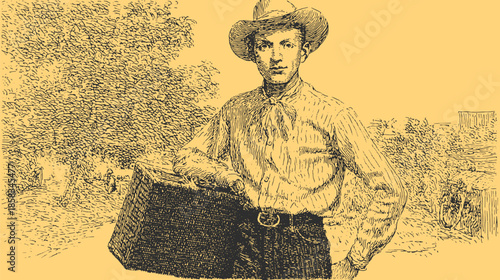 Cowboy man with a suitcase outdoors. Vintage vector illustration depicting a rural western scene with natural surroundings.
