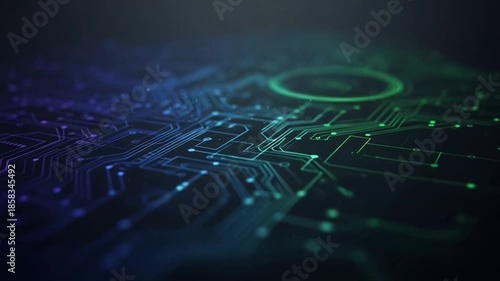 Futuristic circuit board with neon green and blue glowing lines